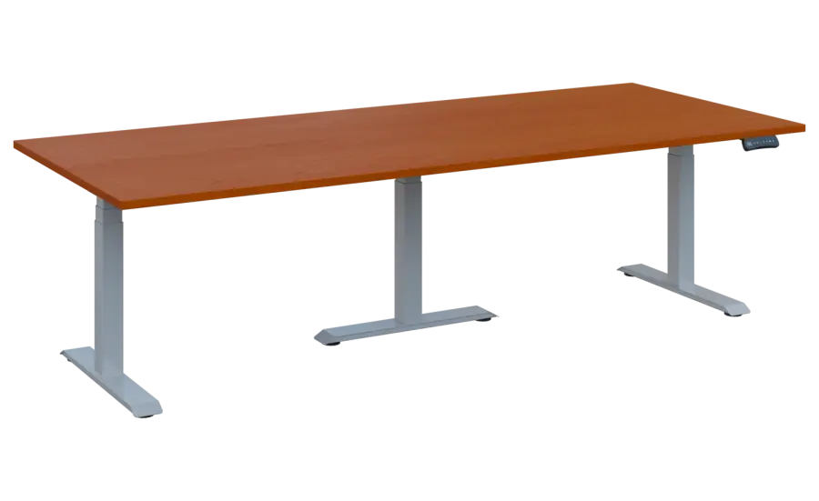 FLEXIMEET 250-100 výškově nastavitelný stůl, kovová podnož stříbrná, deska 25 mm, široký 2500 mm, třešeň šumavská